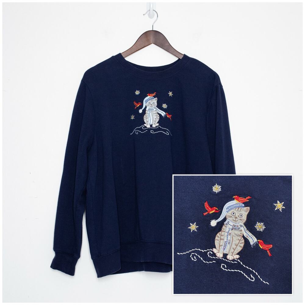 Holiday Editions Embroidered Cat Sweatshirt Women XL Navy Blue Winter Grannycore